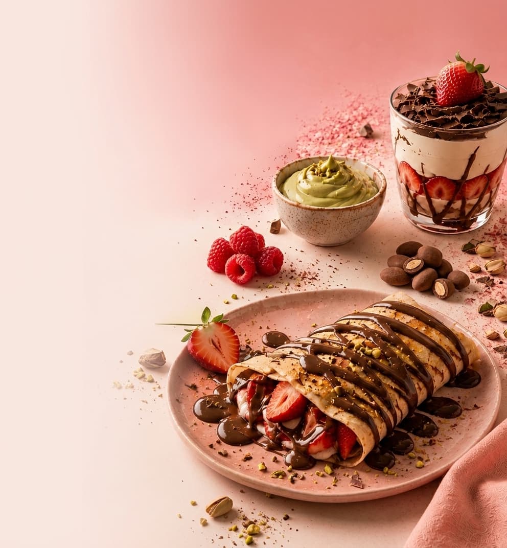 Chocolate pistachio crepe with strawberries, pistachio cream and a chocolate parfait cup