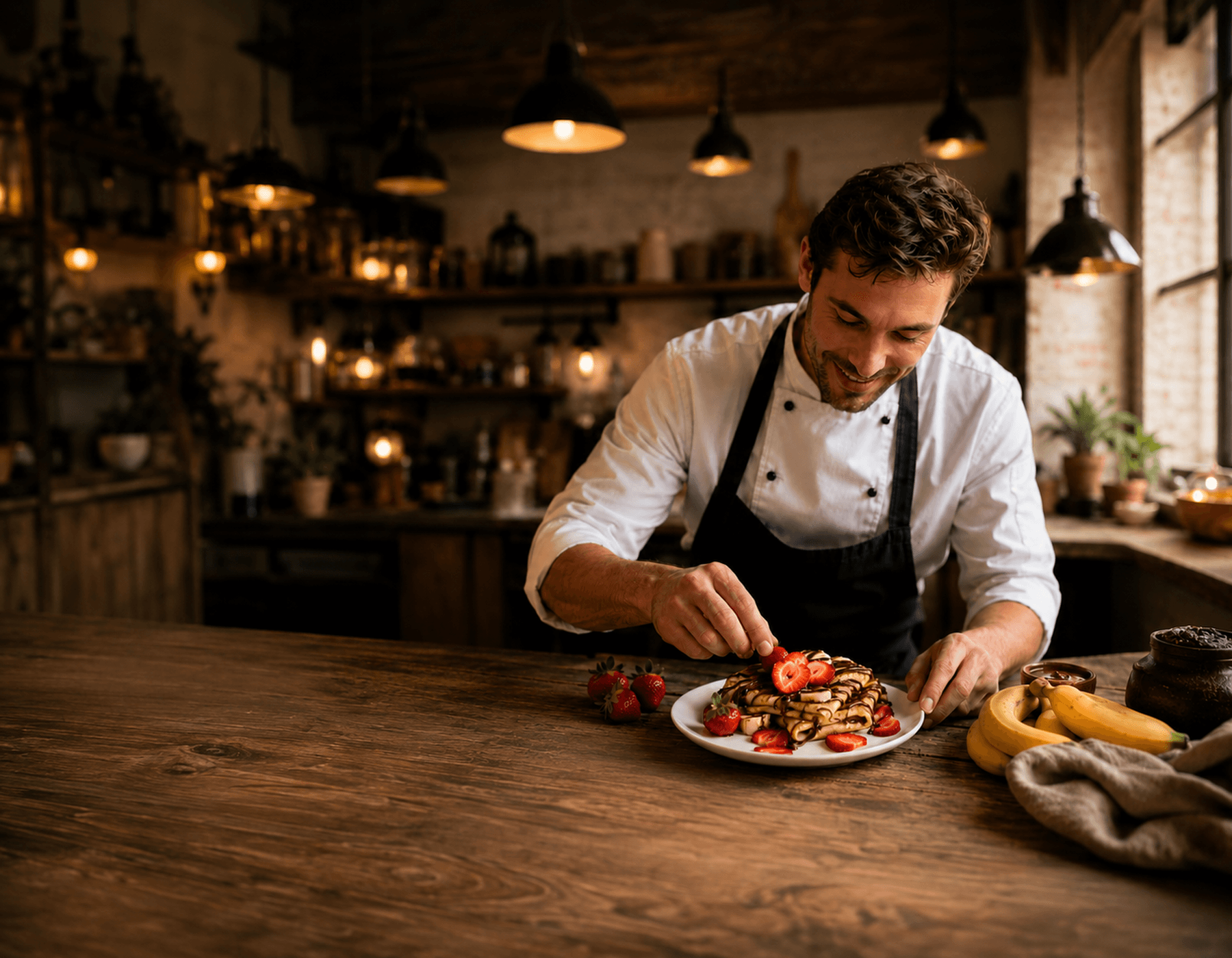 Chef finishing a strawberry chocolate crepe under warm lounge lighting