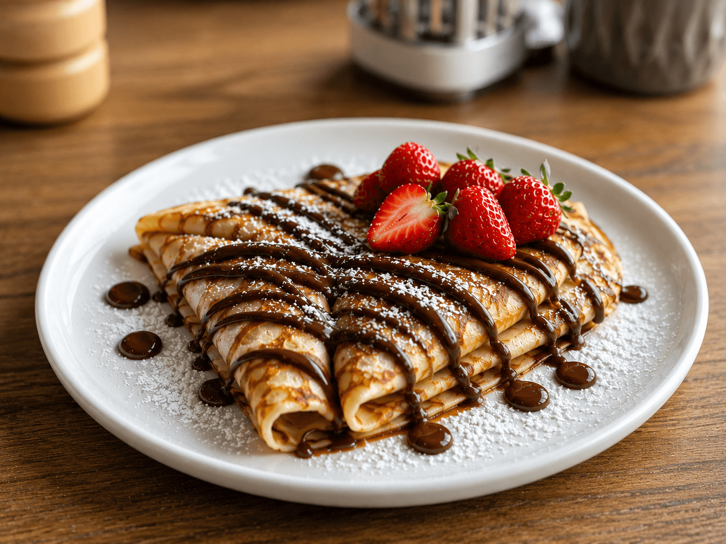 Chocolate-drizzled strawberry crepe served on a white plate
