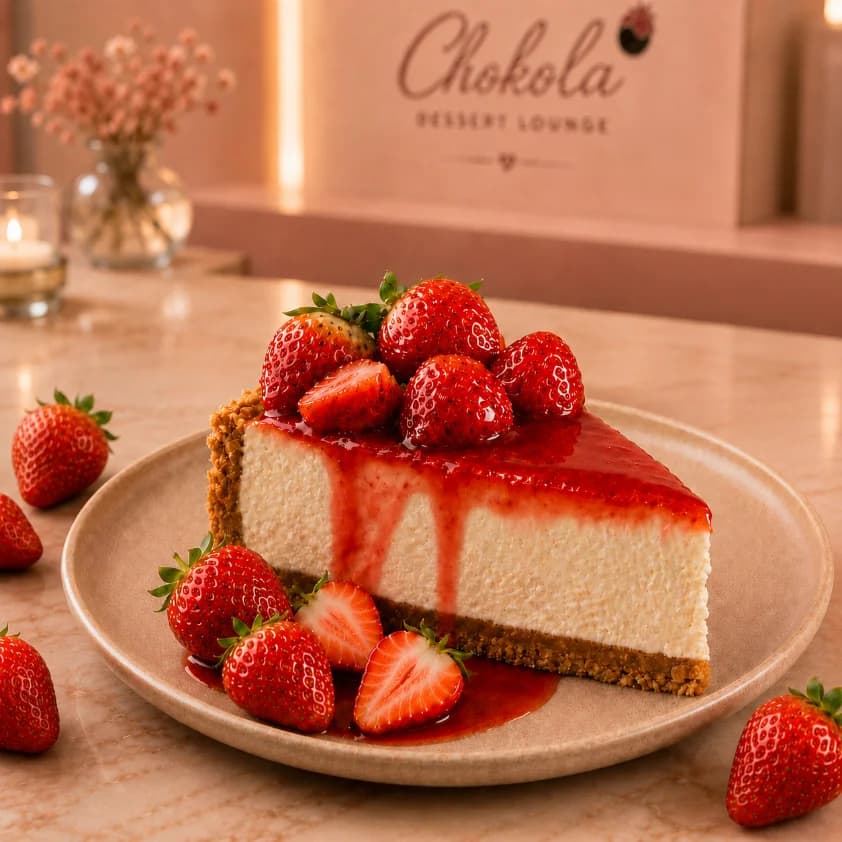 Chokola cheesecake slice topped with strawberries and strawberry sauce