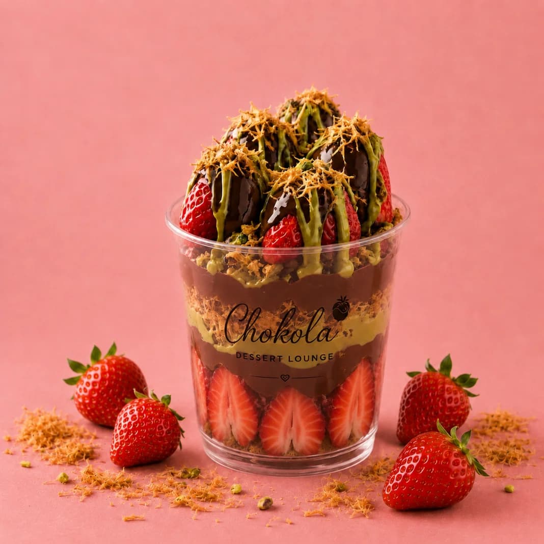 Chokola specialty dessert cup layered with chocolate, pistachio cream and strawberries