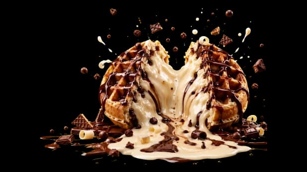 Chokola waffle split open with vanilla ice cream and chocolate drizzle