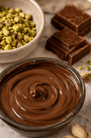 Pistachios, chocolate squares and a bowl of chocolate ganache