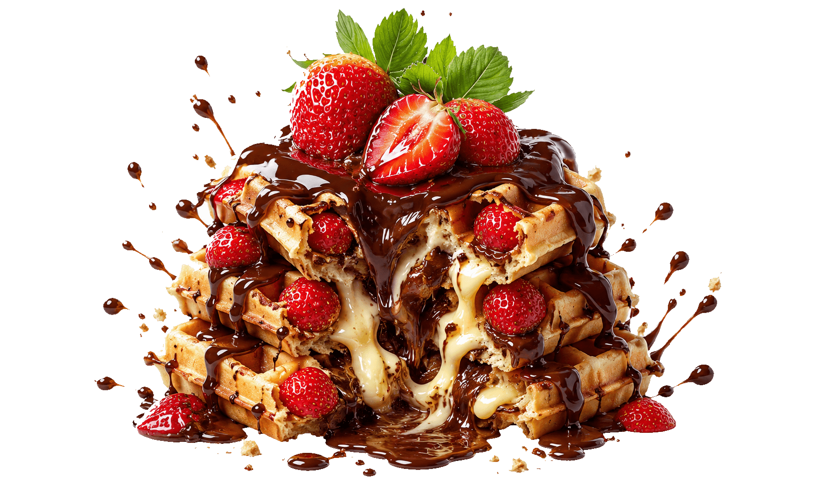 Chocolate and cream waffle dessert with chocolate pieces